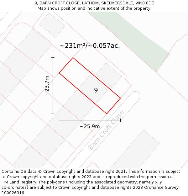 9, BARN CROFT CLOSE, LATHOM, SKELMERSDALE, WN8 8DB: Plot and title map