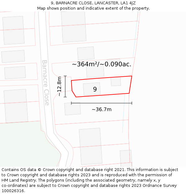 9, BARNACRE CLOSE, LANCASTER, LA1 4JZ: Plot and title map