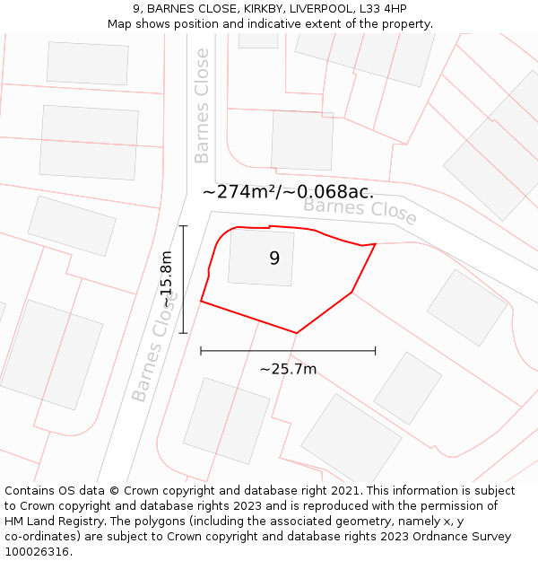 9, BARNES CLOSE, KIRKBY, LIVERPOOL, L33 4HP: Plot and title map