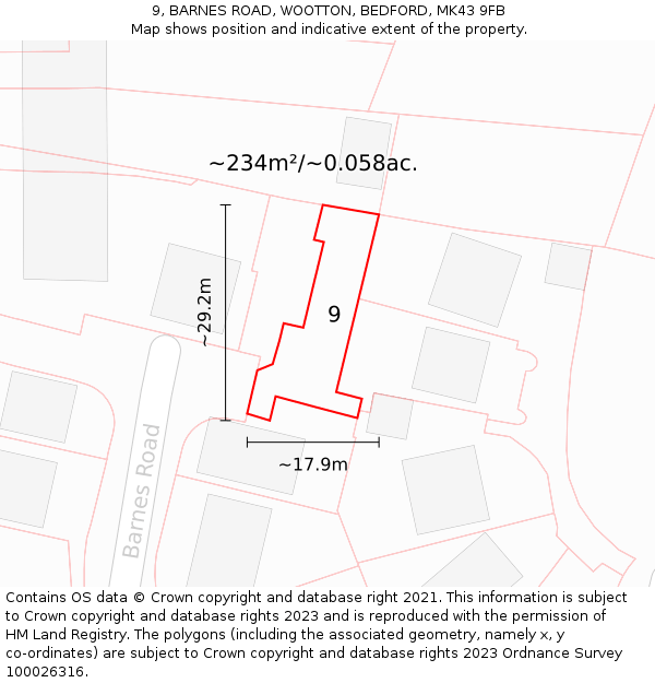 9, BARNES ROAD, WOOTTON, BEDFORD, MK43 9FB: Plot and title map