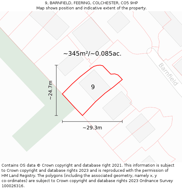 9, BARNFIELD, FEERING, COLCHESTER, CO5 9HP: Plot and title map