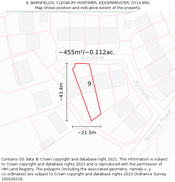 9, BARNFIELDS, CLEOBURY MORTIMER, KIDDERMINSTER, DY14 8RG: Plot and title map