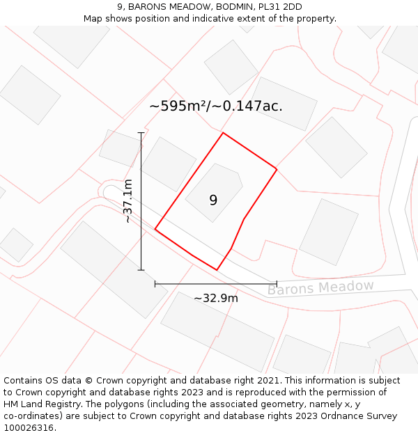 9, BARONS MEADOW, BODMIN, PL31 2DD: Plot and title map