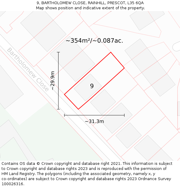 9, BARTHOLOMEW CLOSE, RAINHILL, PRESCOT, L35 6QA: Plot and title map