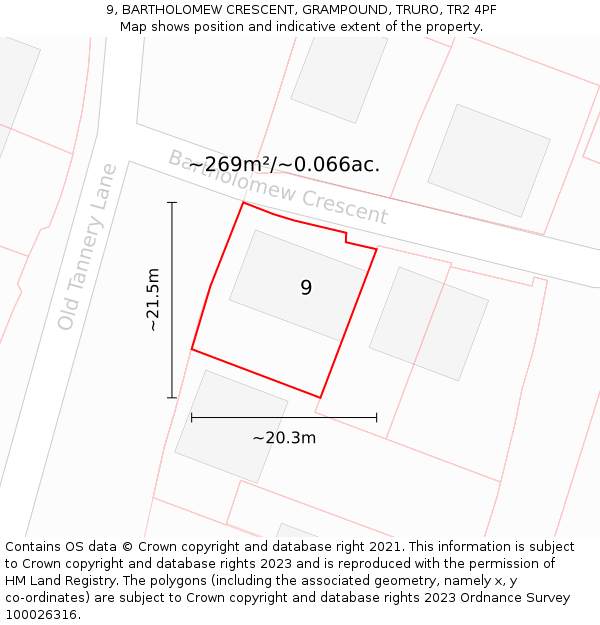 9, BARTHOLOMEW CRESCENT, GRAMPOUND, TRURO, TR2 4PF: Plot and title map