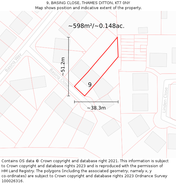 9, BASING CLOSE, THAMES DITTON, KT7 0NY: Plot and title map