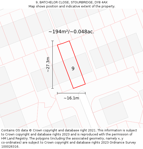 9, BATCHELOR CLOSE, STOURBRIDGE, DY8 4AX: Plot and title map