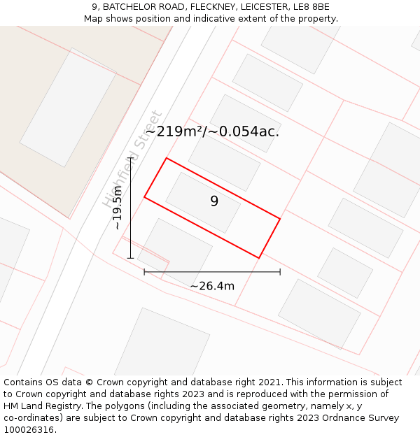 9, BATCHELOR ROAD, FLECKNEY, LEICESTER, LE8 8BE: Plot and title map