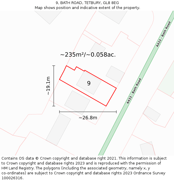 9, BATH ROAD, TETBURY, GL8 8EG: Plot and title map