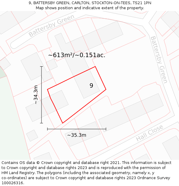9, BATTERSBY GREEN, CARLTON, STOCKTON-ON-TEES, TS21 1PN: Plot and title map