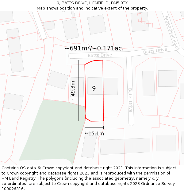 9, BATTS DRIVE, HENFIELD, BN5 9TX: Plot and title map