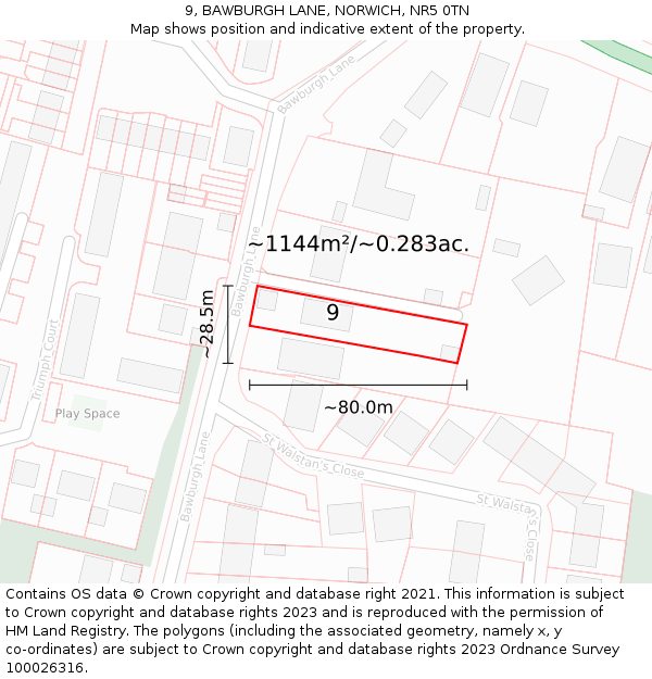 9, BAWBURGH LANE, NORWICH, NR5 0TN: Plot and title map