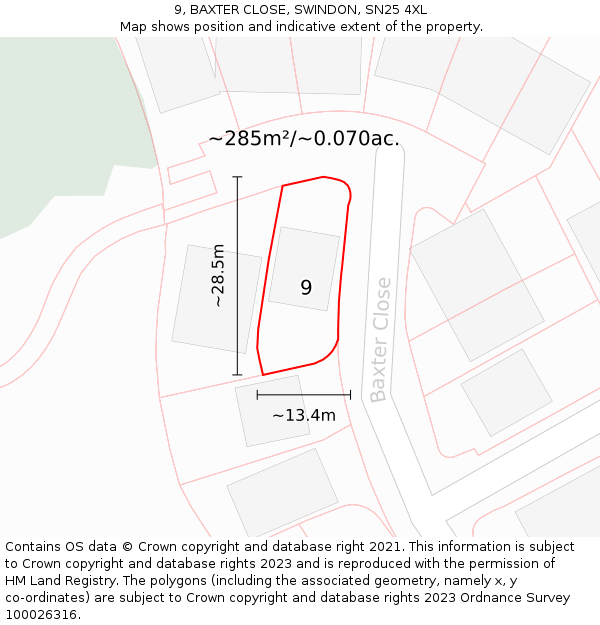 9, BAXTER CLOSE, SWINDON, SN25 4XL: Plot and title map