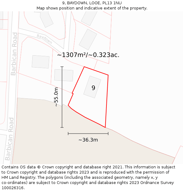 9, BAYDOWN, LOOE, PL13 1NU: Plot and title map