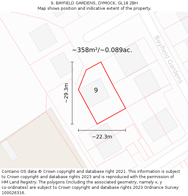 9, BAYFIELD GARDENS, DYMOCK, GL18 2BH: Plot and title map