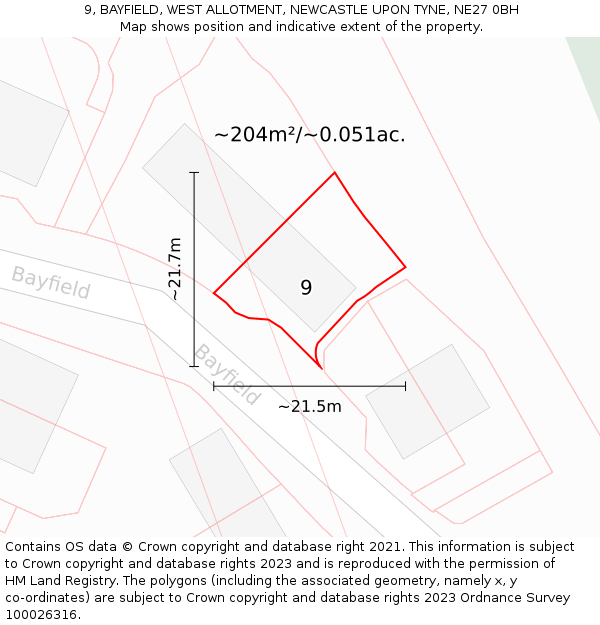 9, BAYFIELD, WEST ALLOTMENT, NEWCASTLE UPON TYNE, NE27 0BH: Plot and title map