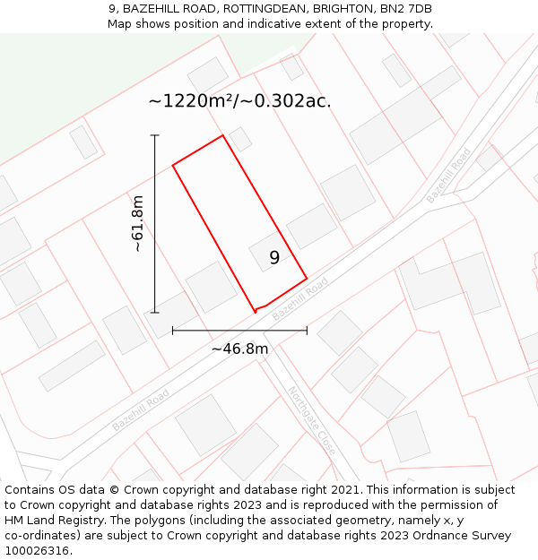9, BAZEHILL ROAD, ROTTINGDEAN, BRIGHTON, BN2 7DB: Plot and title map