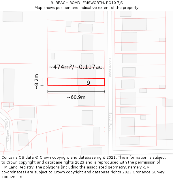 9, BEACH ROAD, EMSWORTH, PO10 7JS: Plot and title map