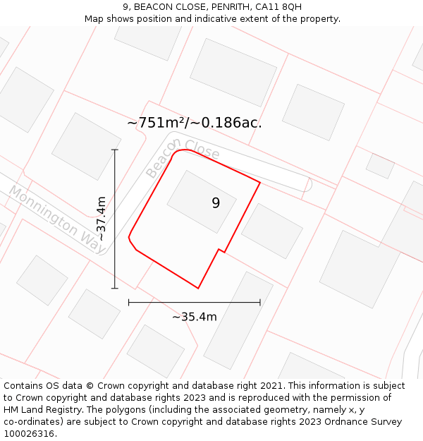 9, BEACON CLOSE, PENRITH, CA11 8QH: Plot and title map