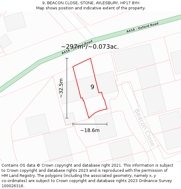 9, BEACON CLOSE, STONE, AYLESBURY, HP17 8YH: Plot and title map