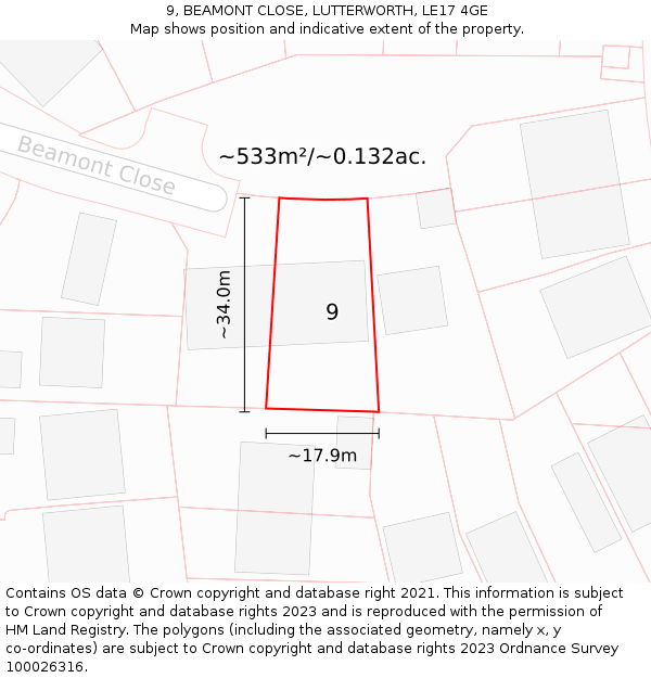9, BEAMONT CLOSE, LUTTERWORTH, LE17 4GE: Plot and title map