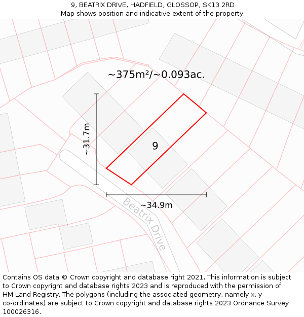 9, BEATRIX DRIVE, HADFIELD, GLOSSOP, SK13 2RD: Plot and title map