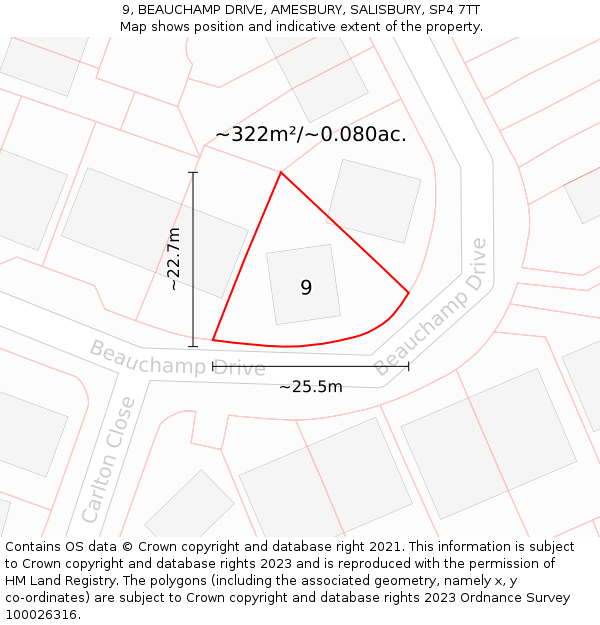 9, BEAUCHAMP DRIVE, AMESBURY, SALISBURY, SP4 7TT: Plot and title map