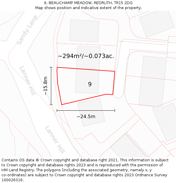 9, BEAUCHAMP MEADOW, REDRUTH, TR15 2DG: Plot and title map