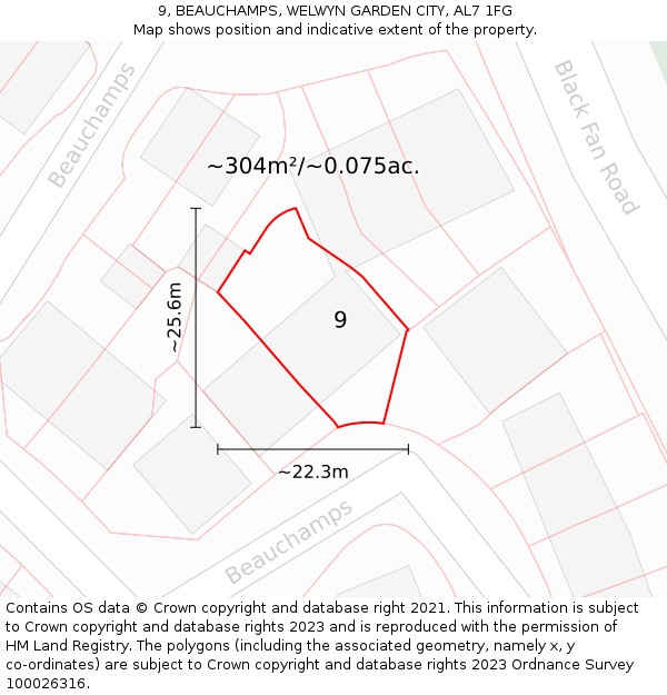 9, BEAUCHAMPS, WELWYN GARDEN CITY, AL7 1FG: Plot and title map
