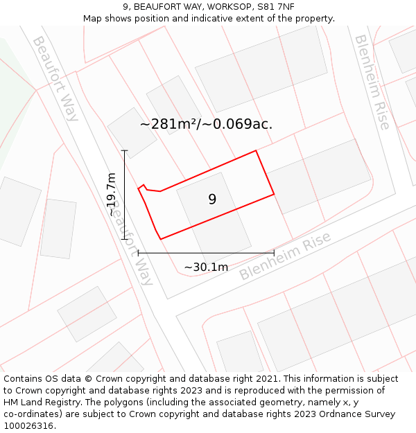 9, BEAUFORT WAY, WORKSOP, S81 7NF: Plot and title map