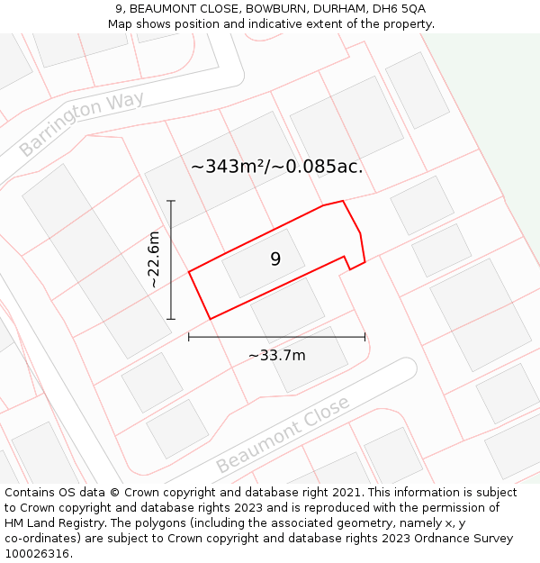 9, BEAUMONT CLOSE, BOWBURN, DURHAM, DH6 5QA: Plot and title map