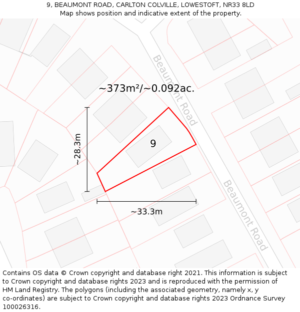 9, BEAUMONT ROAD, CARLTON COLVILLE, LOWESTOFT, NR33 8LD: Plot and title map