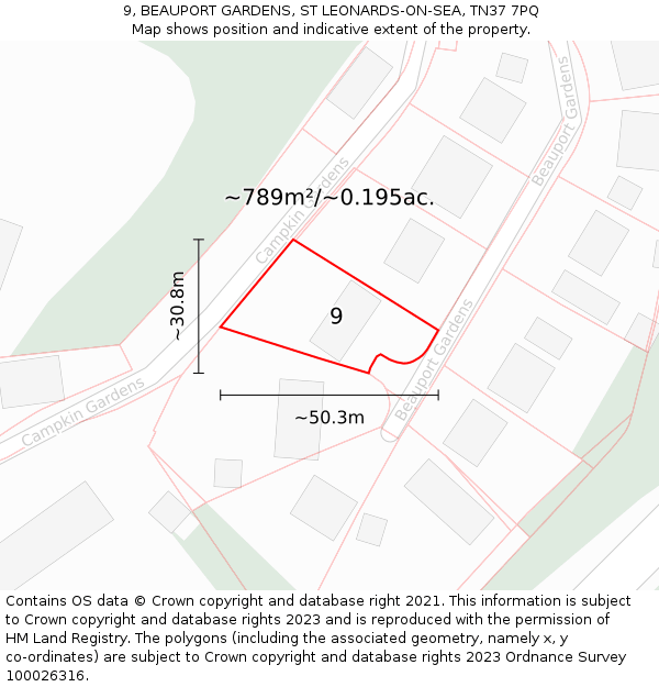 9, BEAUPORT GARDENS, ST LEONARDS-ON-SEA, TN37 7PQ: Plot and title map