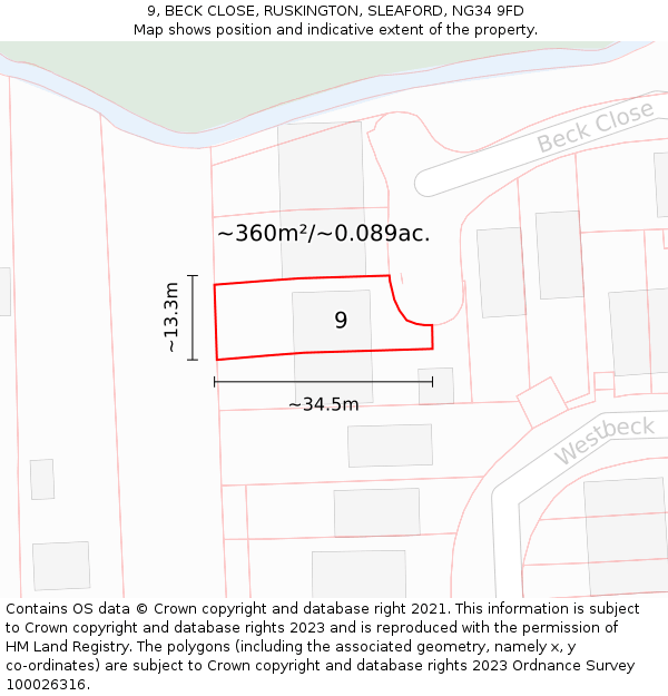 9, BECK CLOSE, RUSKINGTON, SLEAFORD, NG34 9FD: Plot and title map