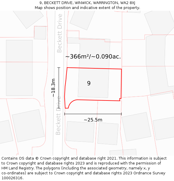 9, BECKETT DRIVE, WINWICK, WARRINGTON, WA2 8XJ: Plot and title map