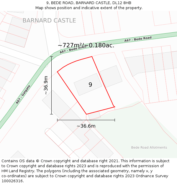 9, BEDE ROAD, BARNARD CASTLE, DL12 8HB: Plot and title map