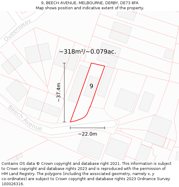 9, BEECH AVENUE, MELBOURNE, DERBY, DE73 8FA: Plot and title map