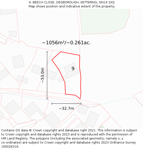 9, BEECH CLOSE, DESBOROUGH, KETTERING, NN14 2XQ: Plot and title map