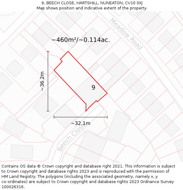 9, BEECH CLOSE, HARTSHILL, NUNEATON, CV10 0XJ: Plot and title map