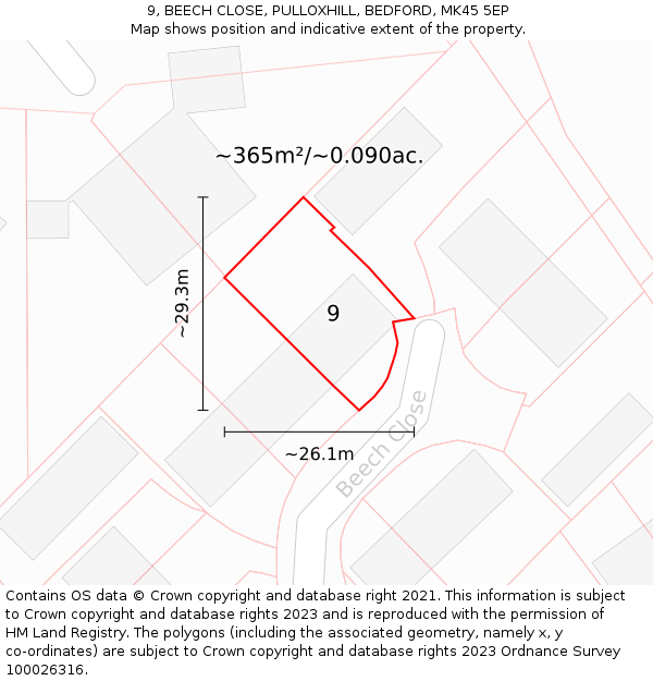 9, BEECH CLOSE, PULLOXHILL, BEDFORD, MK45 5EP: Plot and title map