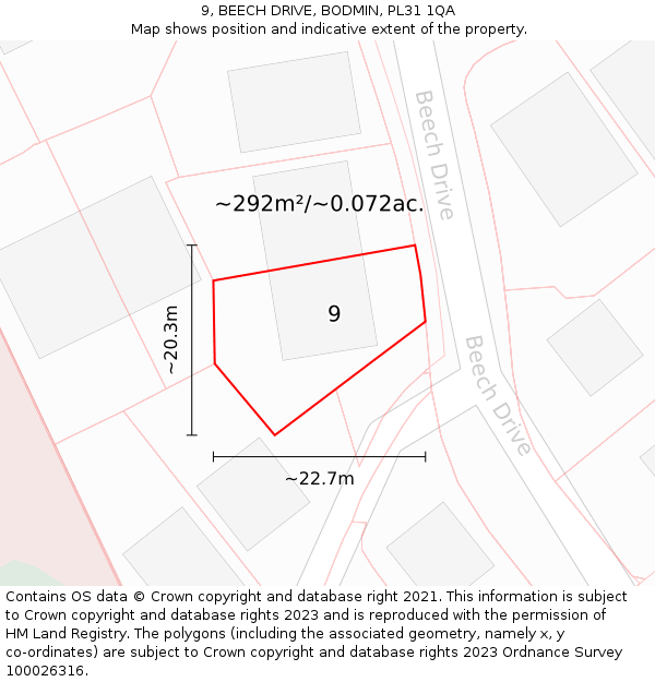 9, BEECH DRIVE, BODMIN, PL31 1QA: Plot and title map
