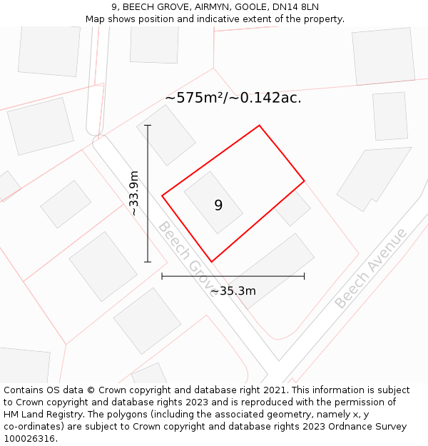 9, BEECH GROVE, AIRMYN, GOOLE, DN14 8LN: Plot and title map