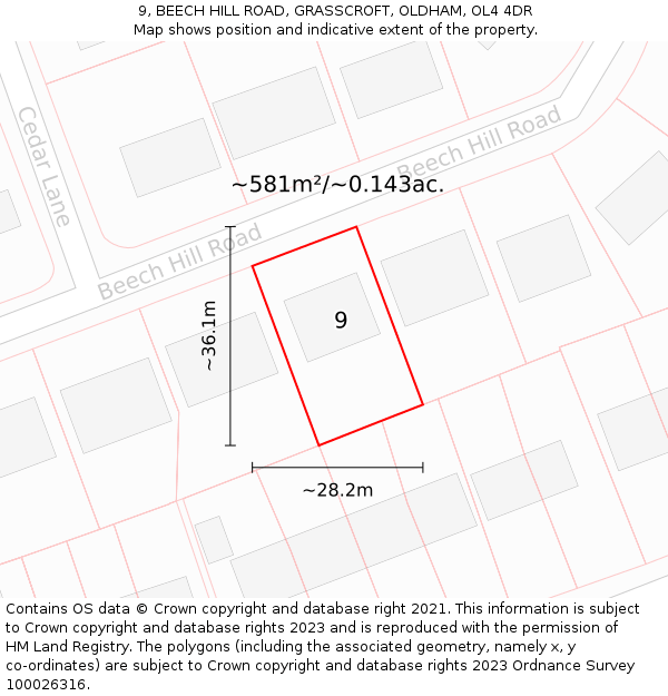 9, BEECH HILL ROAD, GRASSCROFT, OLDHAM, OL4 4DR: Plot and title map