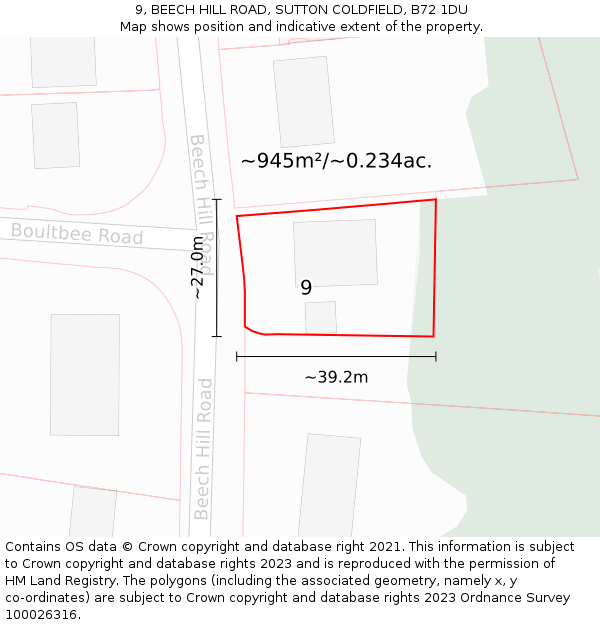 9, BEECH HILL ROAD, SUTTON COLDFIELD, B72 1DU: Plot and title map