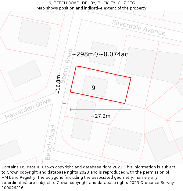 9, BEECH ROAD, DRURY, BUCKLEY, CH7 3EG: Plot and title map