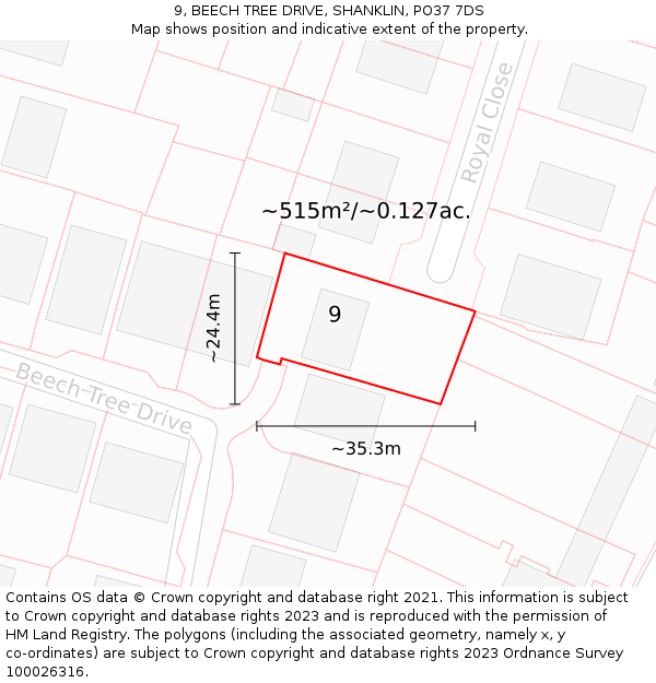 9, BEECH TREE DRIVE, SHANKLIN, PO37 7DS: Plot and title map