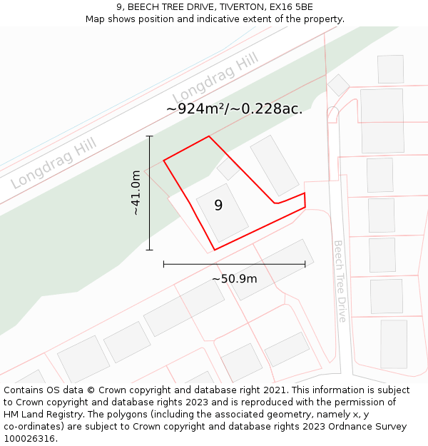9, BEECH TREE DRIVE, TIVERTON, EX16 5BE: Plot and title map