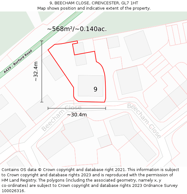 9, BEECHAM CLOSE, CIRENCESTER, GL7 1HT: Plot and title map