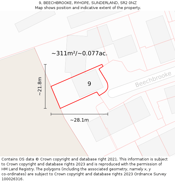 9, BEECHBROOKE, RYHOPE, SUNDERLAND, SR2 0NZ: Plot and title map