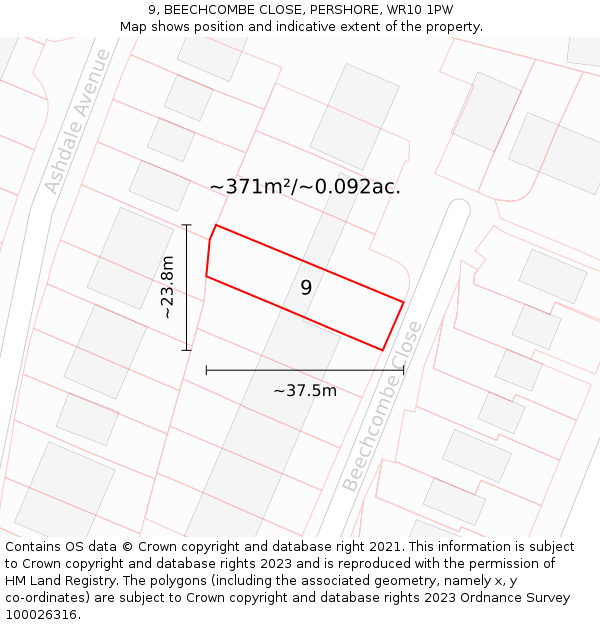 9, BEECHCOMBE CLOSE, PERSHORE, WR10 1PW: Plot and title map